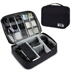 Trousse de rangement noire pour câbles et chargeurs, ouverte et fermée