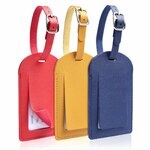 Trois étiquettes bagage en simili cuir rouge, jaune et bleue