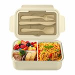 Boîte repas beige 1400 ml à 3 compartiments avec couverts, remplie