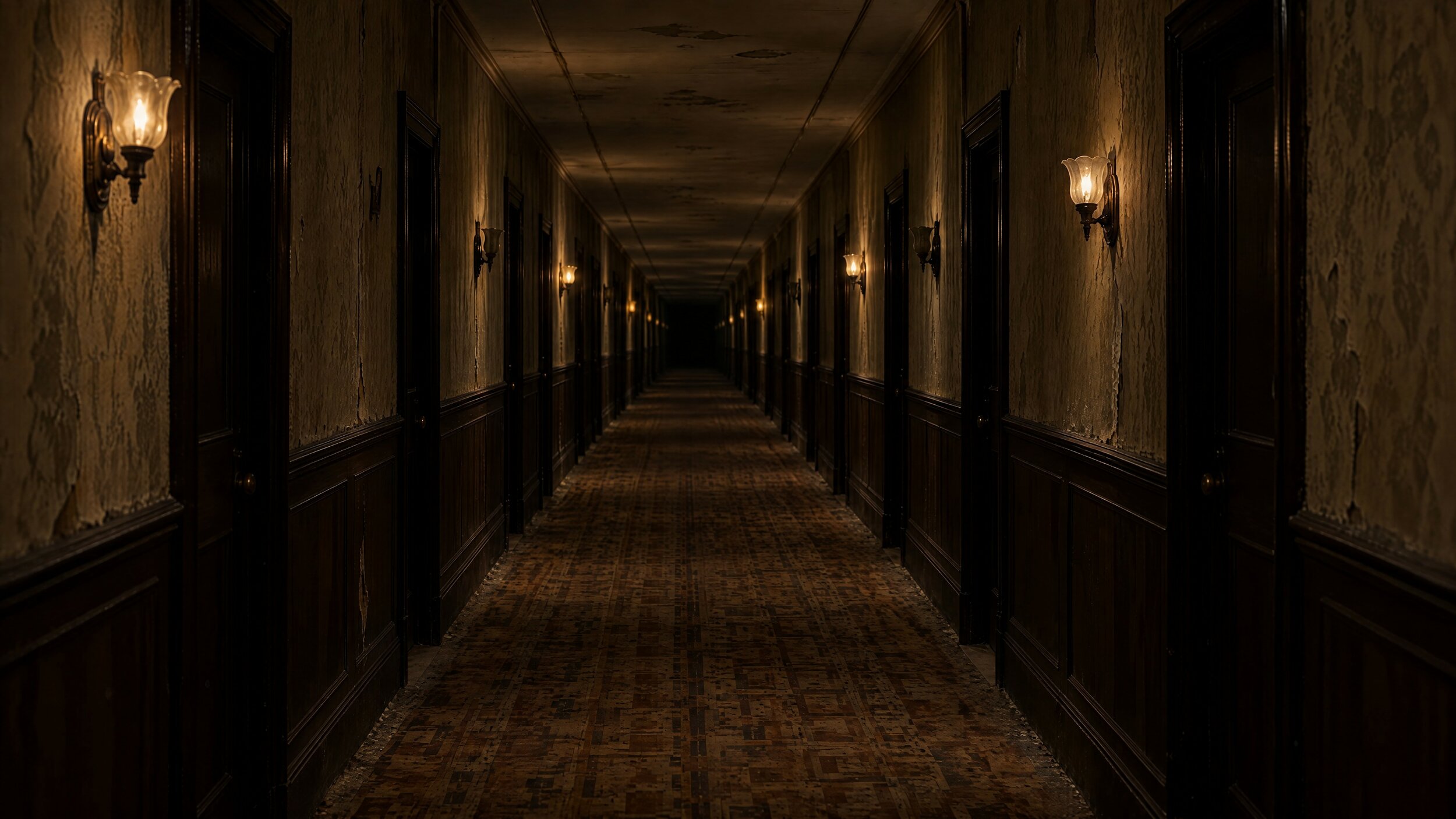 Le long couloir du troisième étage, ses appliques allumées et ses portes de chambres