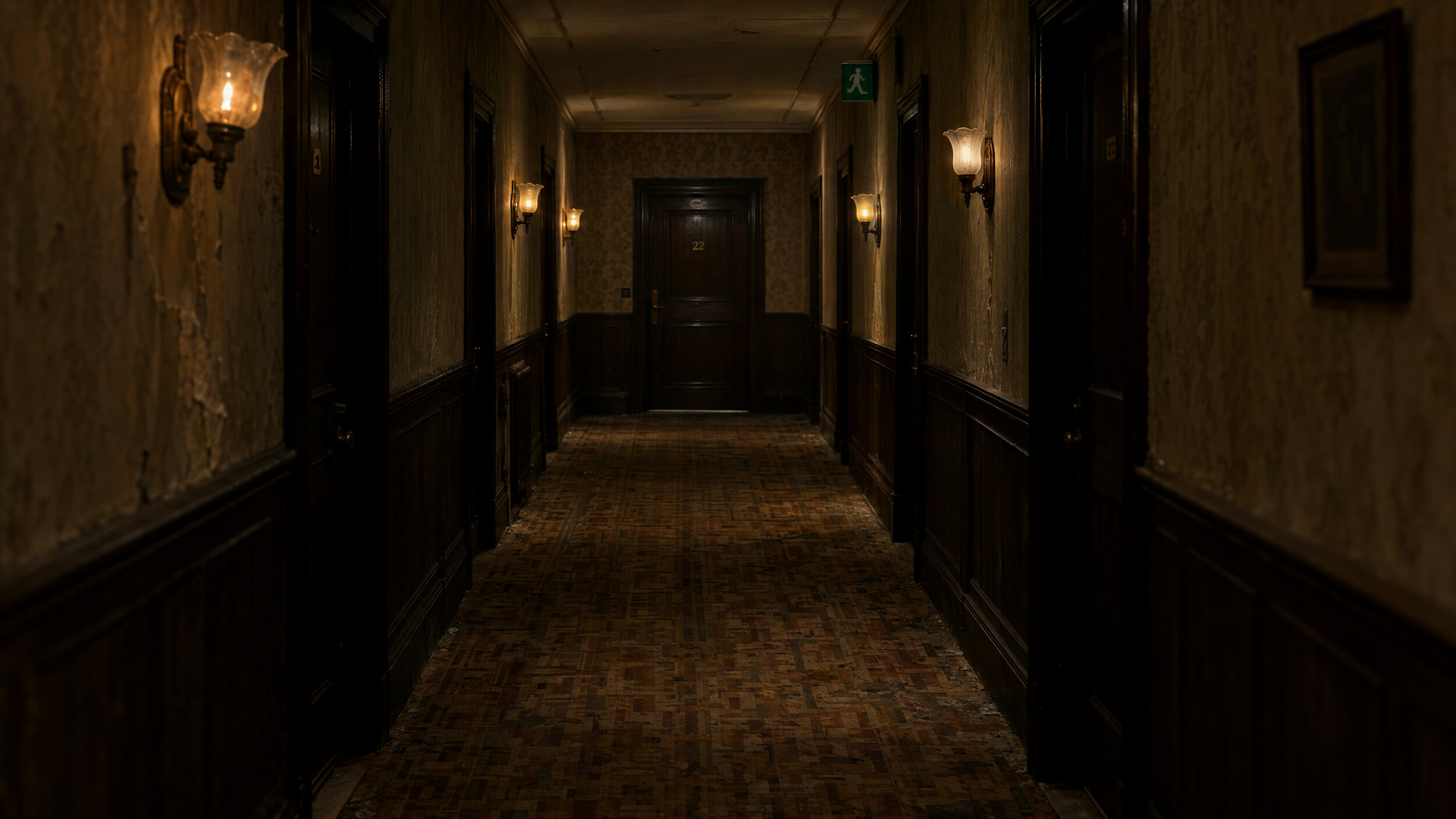 Le couloir du troisième étage, ses appliques et ses portes de chambres