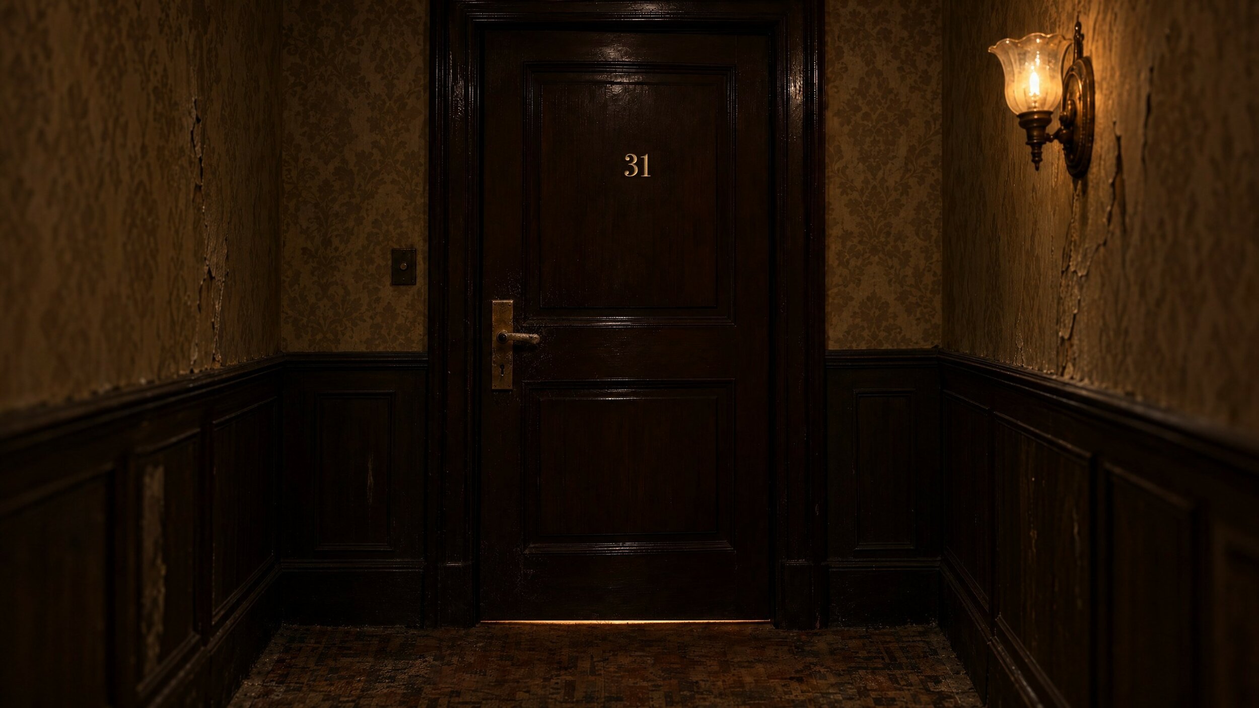 La porte de la chambre 31, au bout du couloir, sous une applique