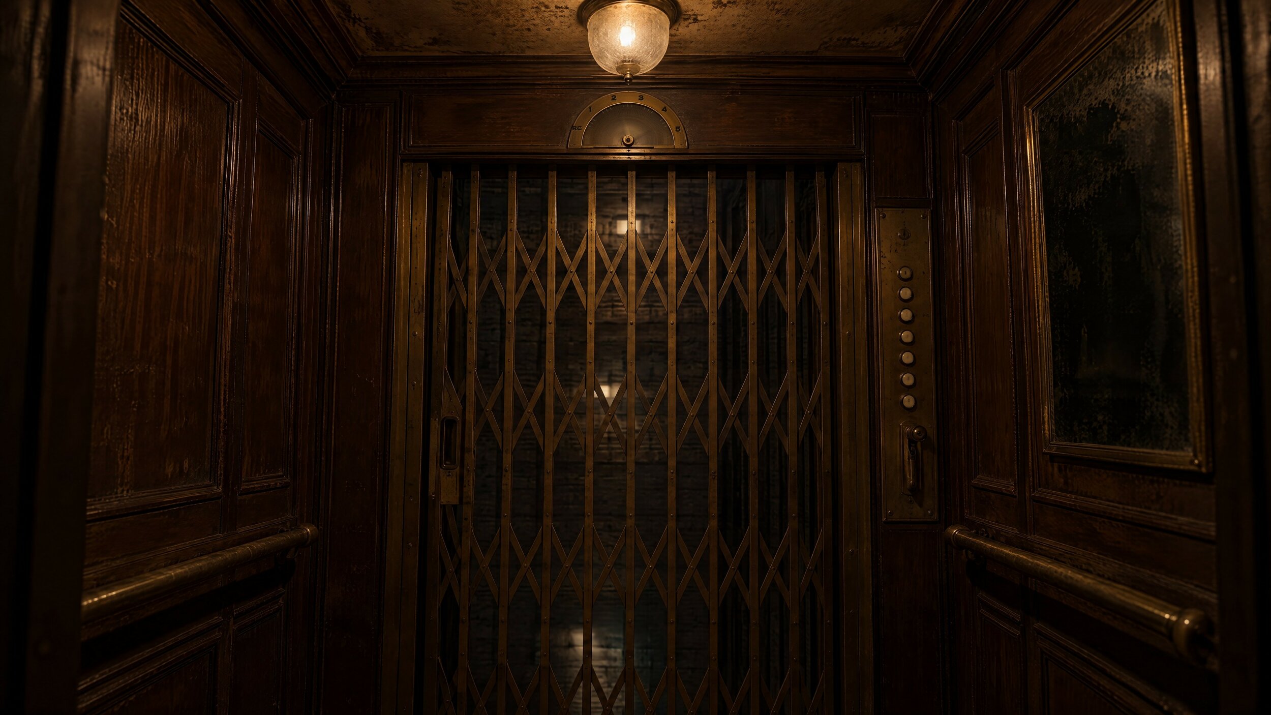La cabine de l’ascenseur de l’hôtel : boiseries, grille de laiton et cadran des étages