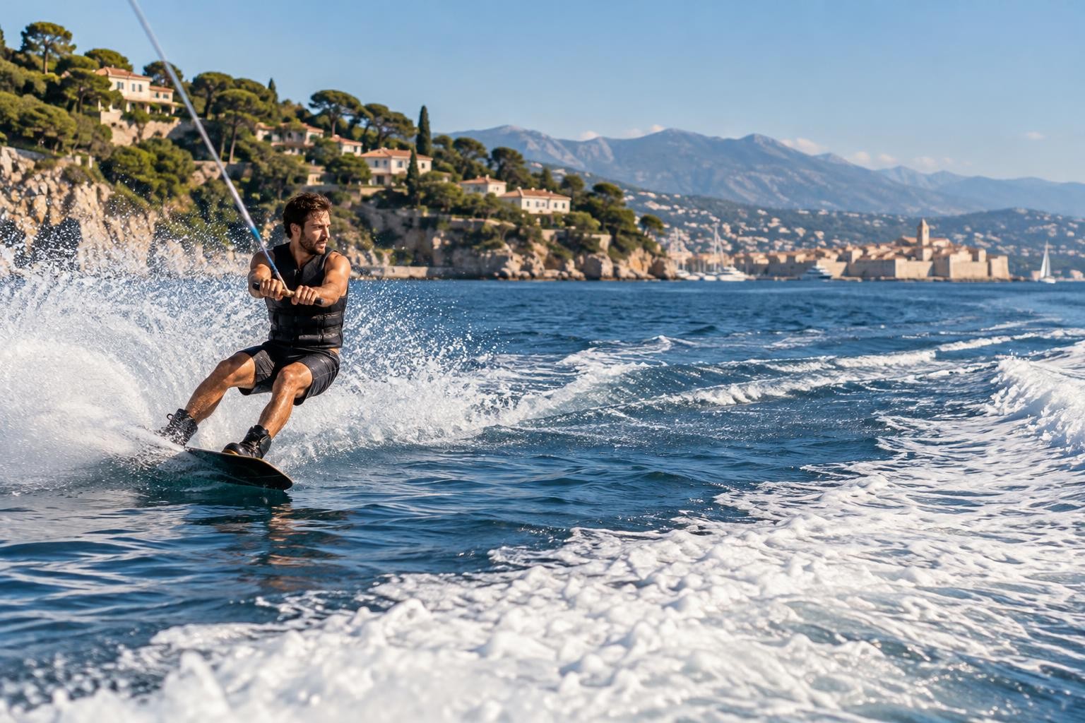 Wakeboardeur tracté par un bateau sur la Baie des Anges, Côte d'Azur