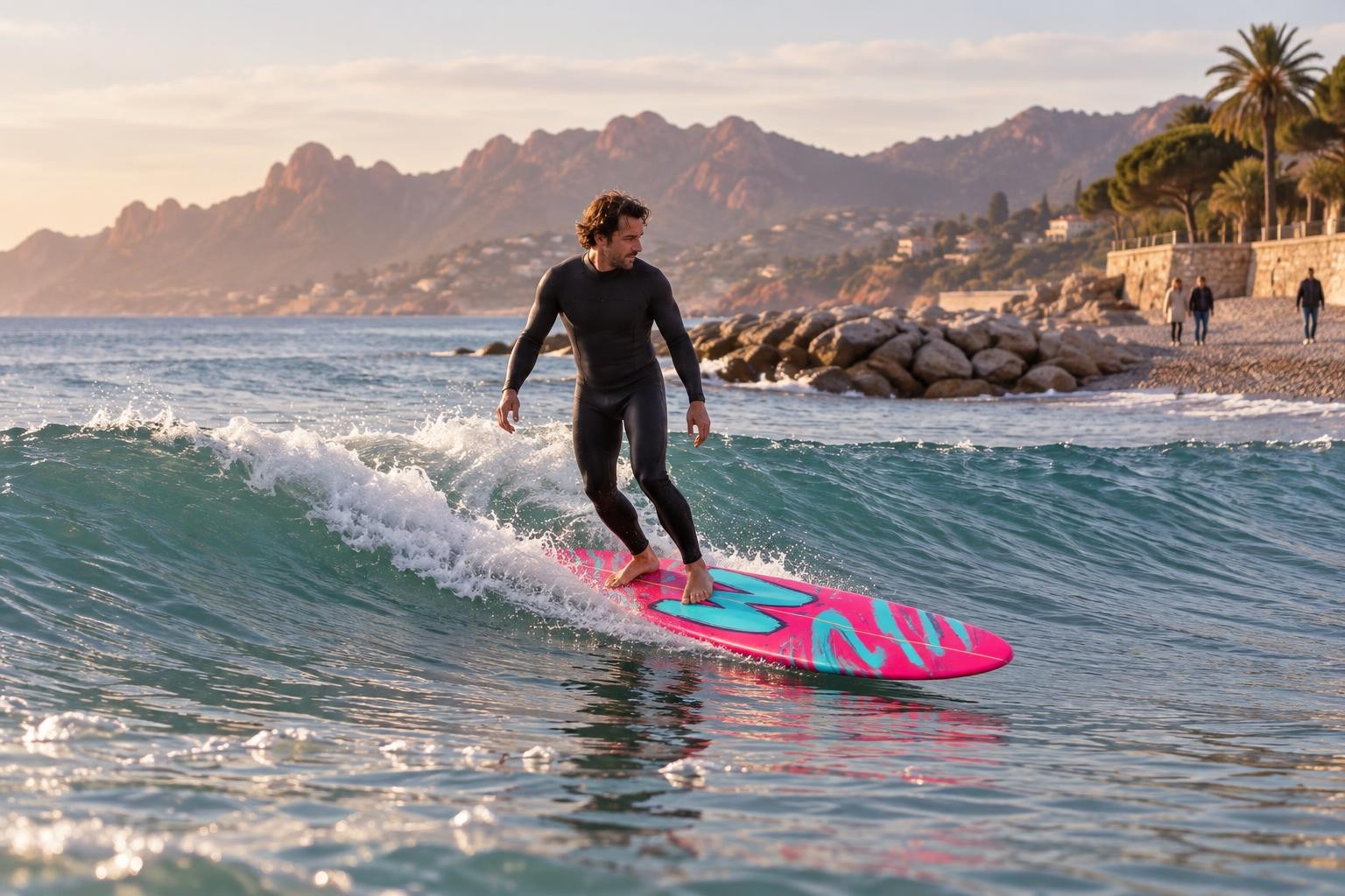 Longboardeur sur une petite vague le long d'une jetée sur une plage de la Côte d'Azur en automne