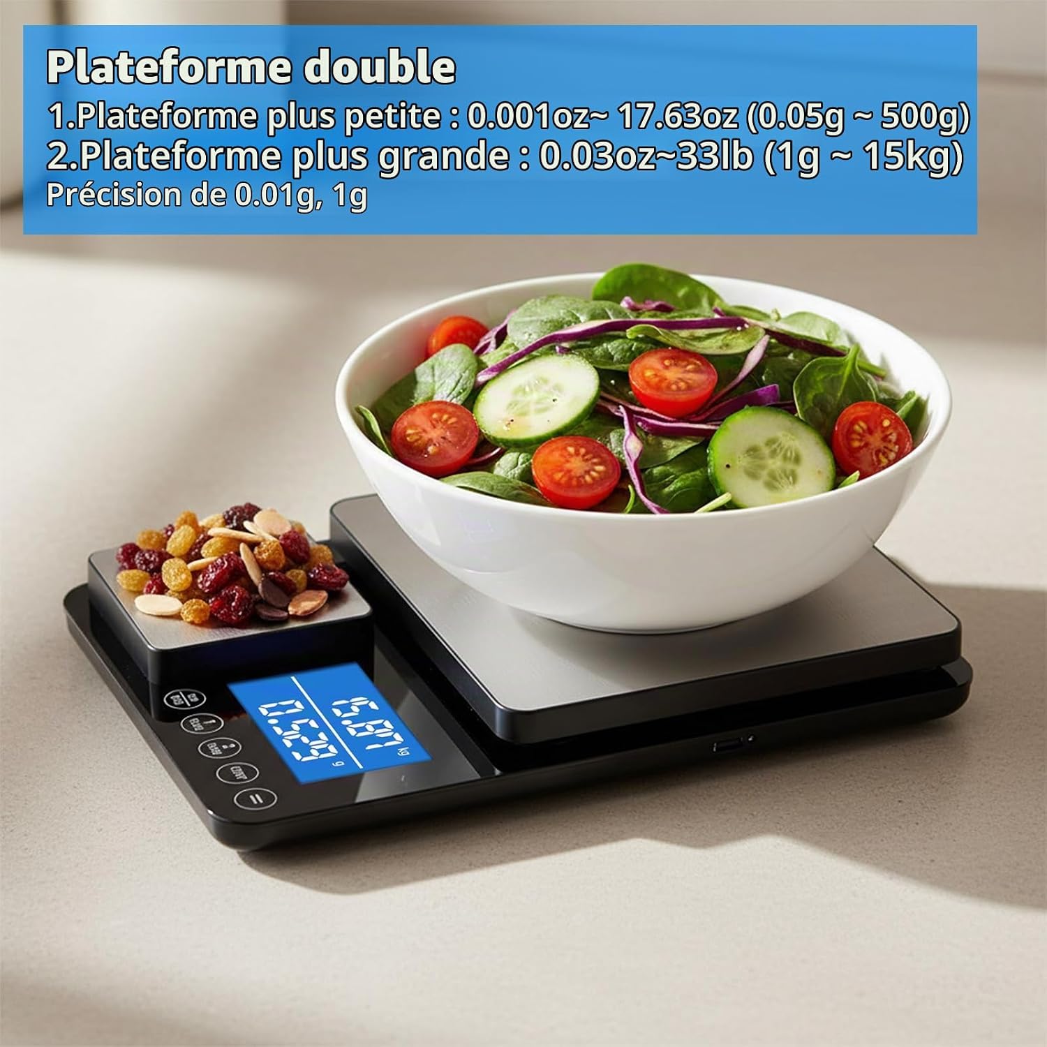 Diyife Balance Cuisine Haute Double Plateforme [500G/0.01G &amp; 15Kg/1G] 2