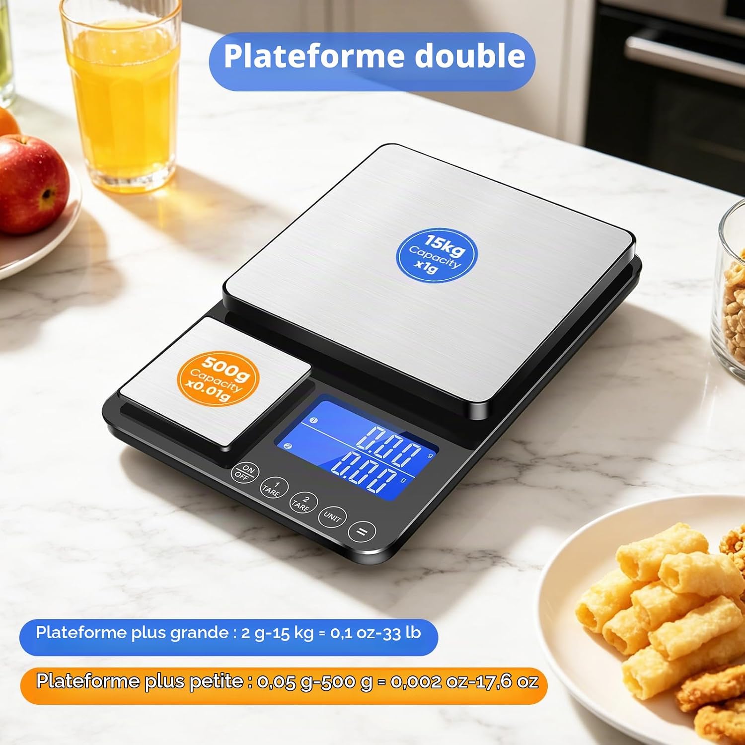 Balance de cuisine numérique à double plateau,500g/0,01g et 15kg/1g Argent Titane 2