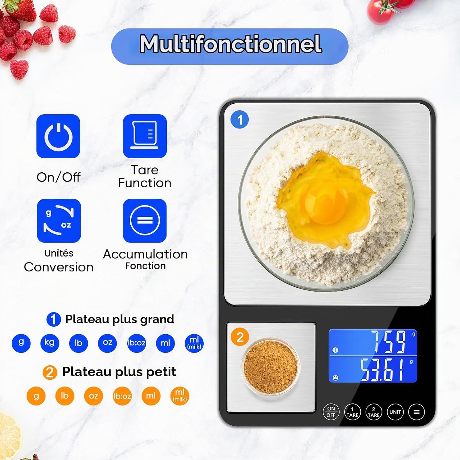 Balance de cuisine numérique à double plateau,500g/0,01g et 15kg/1g Argent Titane 3
