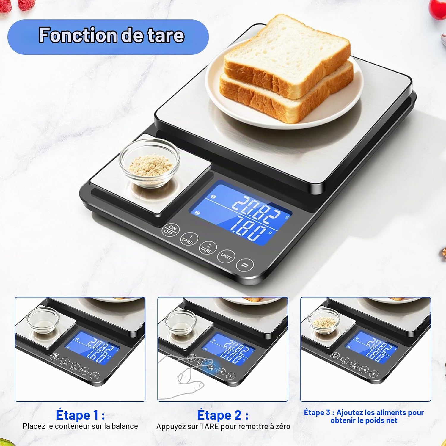 Balance de cuisine numérique à double plateau,500g/0,01g et 15kg/1g Argent Titane 5