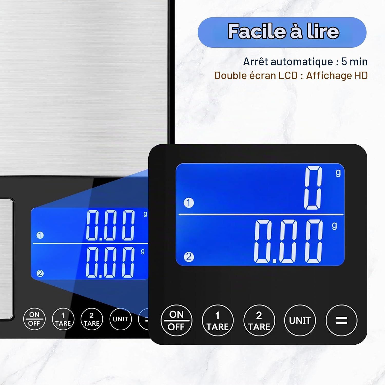 Balance de cuisine numérique à double plateau,500g/0,01g et 15kg/1g Argent Titane 6