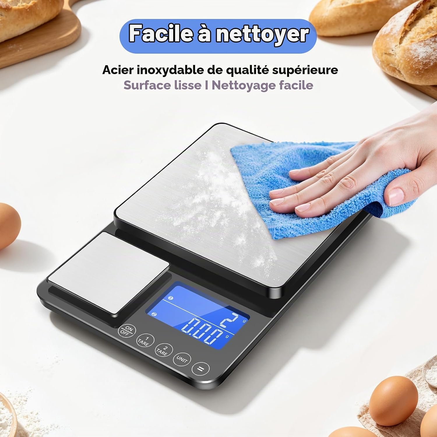Balance de cuisine numérique à double plateau,500g/0,01g et 15kg/1g Argent Titane 7