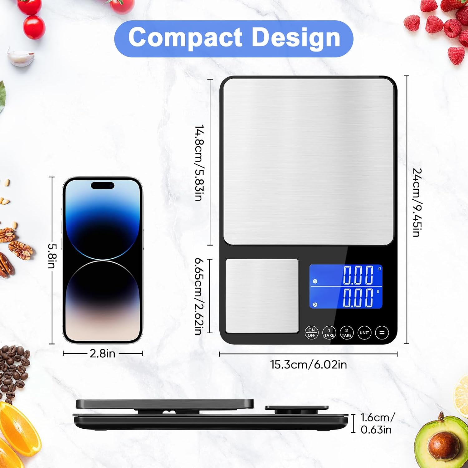 Balance de cuisine numérique à double plateau,500g/0,01g et 15kg/1g Argent Titane 8