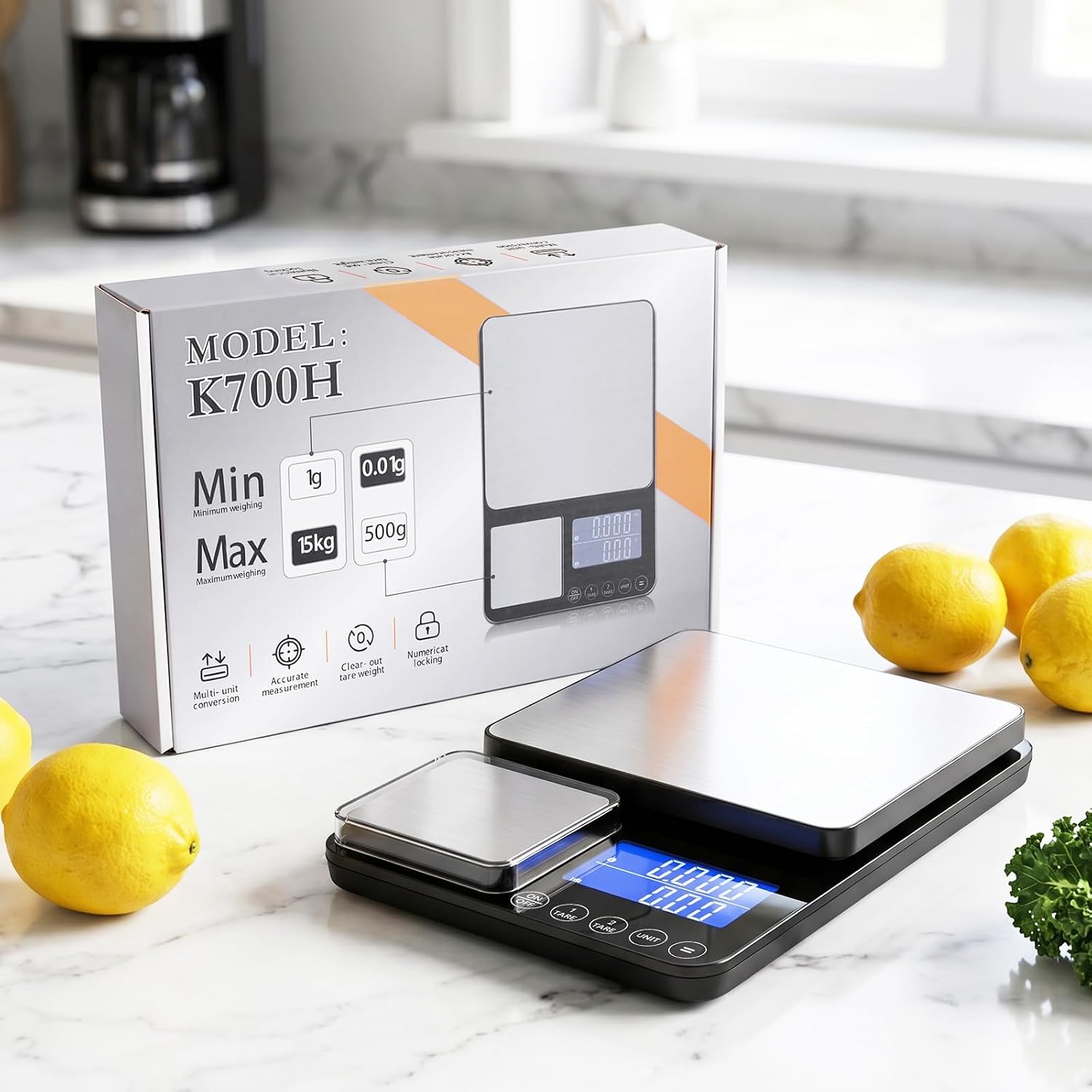 Balance de cuisine numérique à double plateau,500g/0,01g et 15kg/1g Argent Titane 9