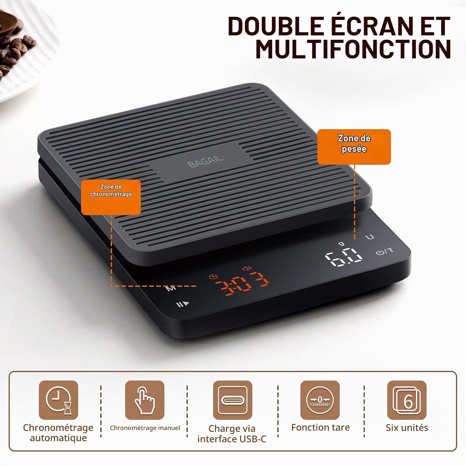 BAGAIL Balance Numérique à Café avec Minuterie, Précision 0.1g, Grand Écran, Tarage Automatique, Boutons Tactiles, Recharge 2