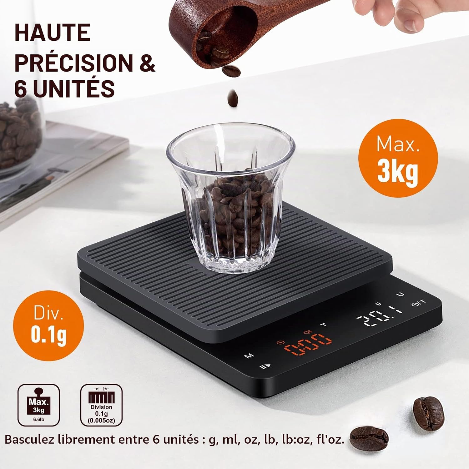 BAGAIL Balance Numérique à Café avec Minuterie, Précision 0.1g, Grand Écran, Tarage Automatique, Boutons Tactiles, Recharge 3