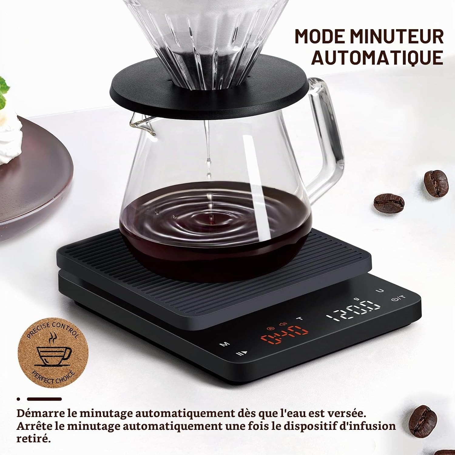 BAGAIL Balance Numérique à Café avec Minuterie, Précision 0.1g, Grand Écran, Tarage Automatique, Boutons Tactiles, Recharge 4