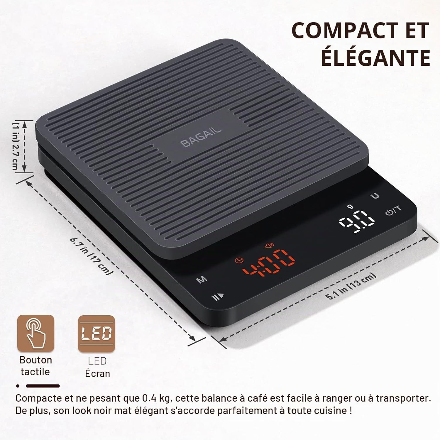 BAGAIL Balance Numérique à Café avec Minuterie, Précision 0.1g, Grand Écran, Tarage Automatique, Boutons Tactiles, Recharge 5