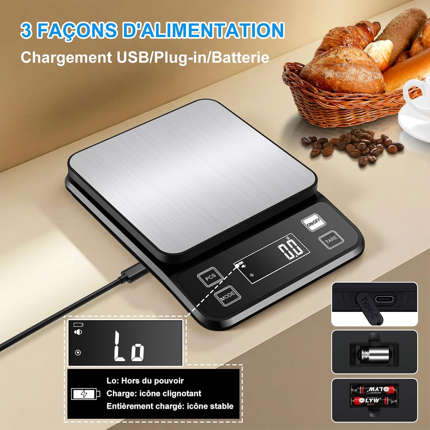 Diyife Balances de Cuisine Entièrement Étanche, 10kg, IPX67 &amp; Rechargeable Noir 5