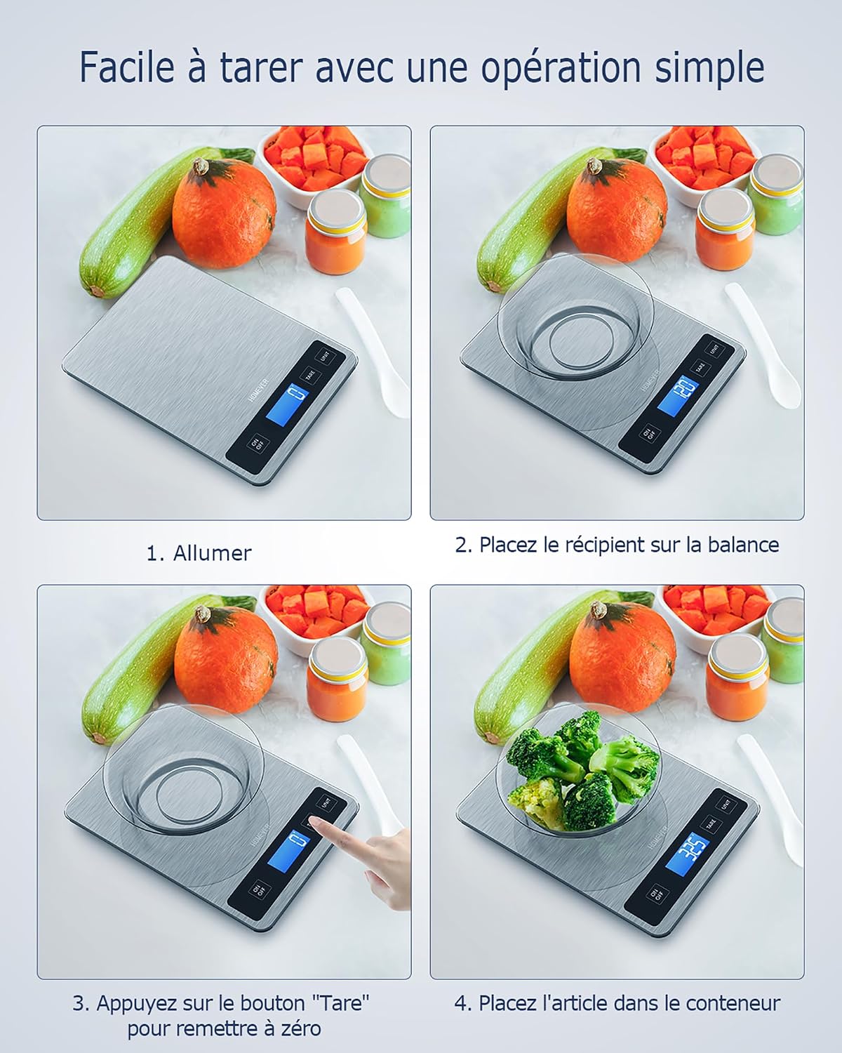 Balance de cuisine numérique 15 kg pour la préparation des repas, Pèse alimentaire électronique en Acier inoxydable avec pr 4