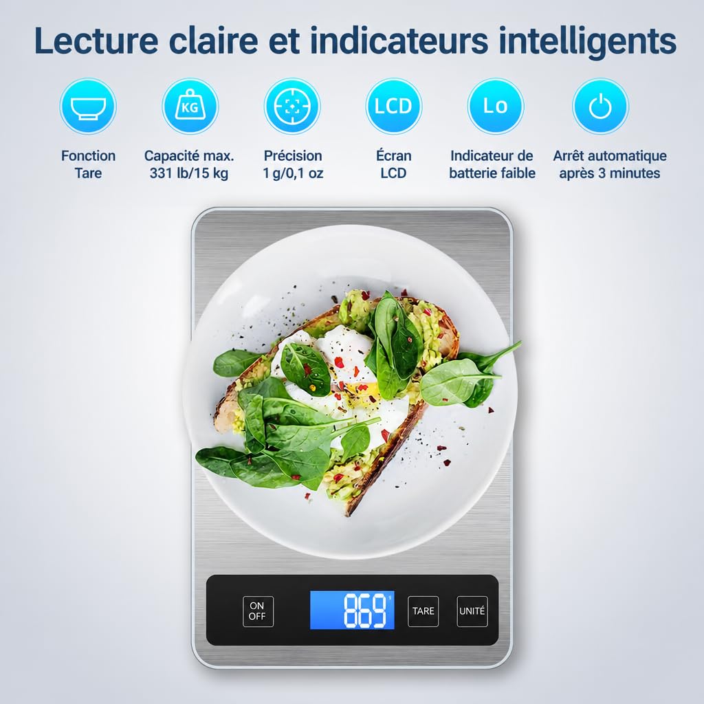 Balance de cuisine numérique 15 kg pour la préparation des repas, Pèse alimentaire électronique en Acier inoxydable avec pr 7