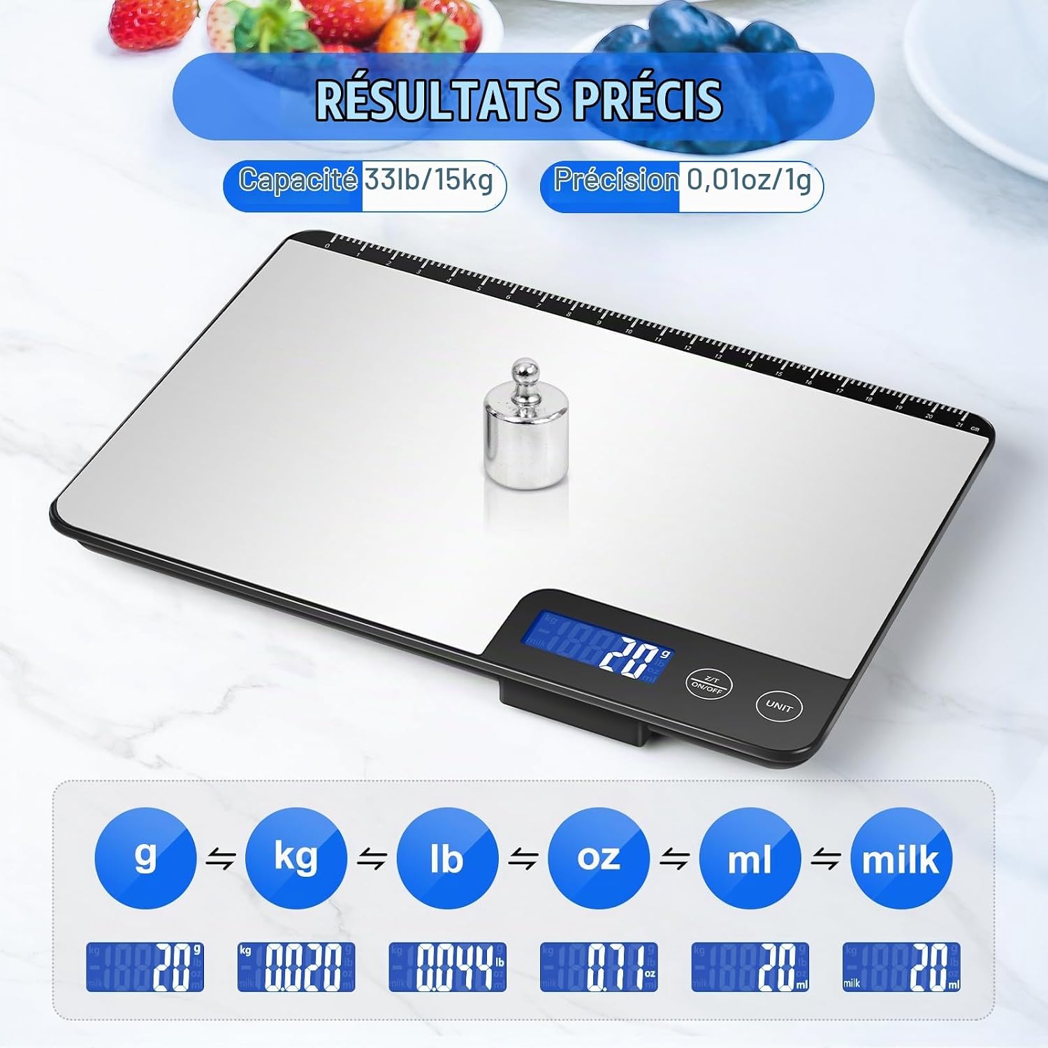 Balance de Cuisine Électronique 15kg, Précise à 1g, Écran LCD Argent Satiné 4