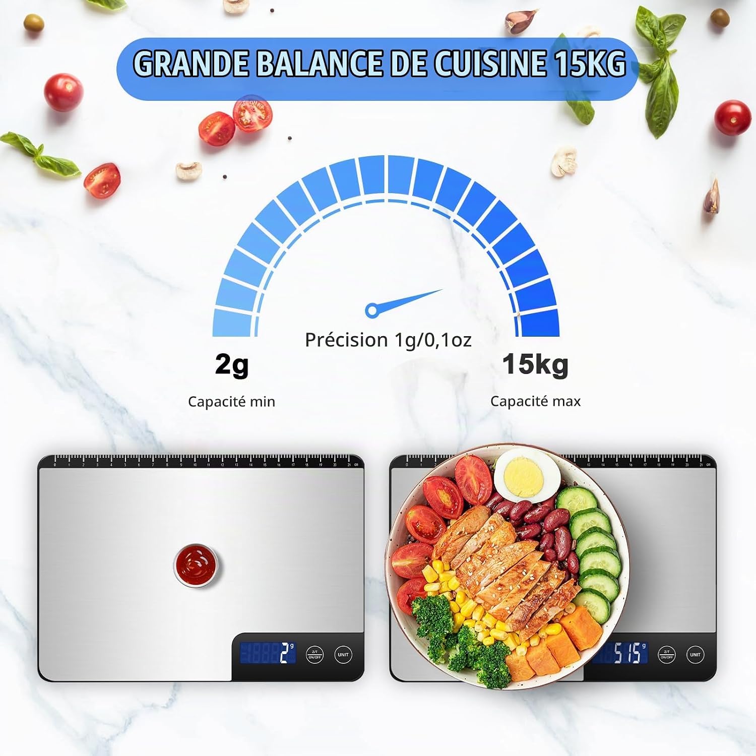 Balance de Cuisine Électronique 15kg, Précise à 1g, Écran LCD Argent Satiné 7