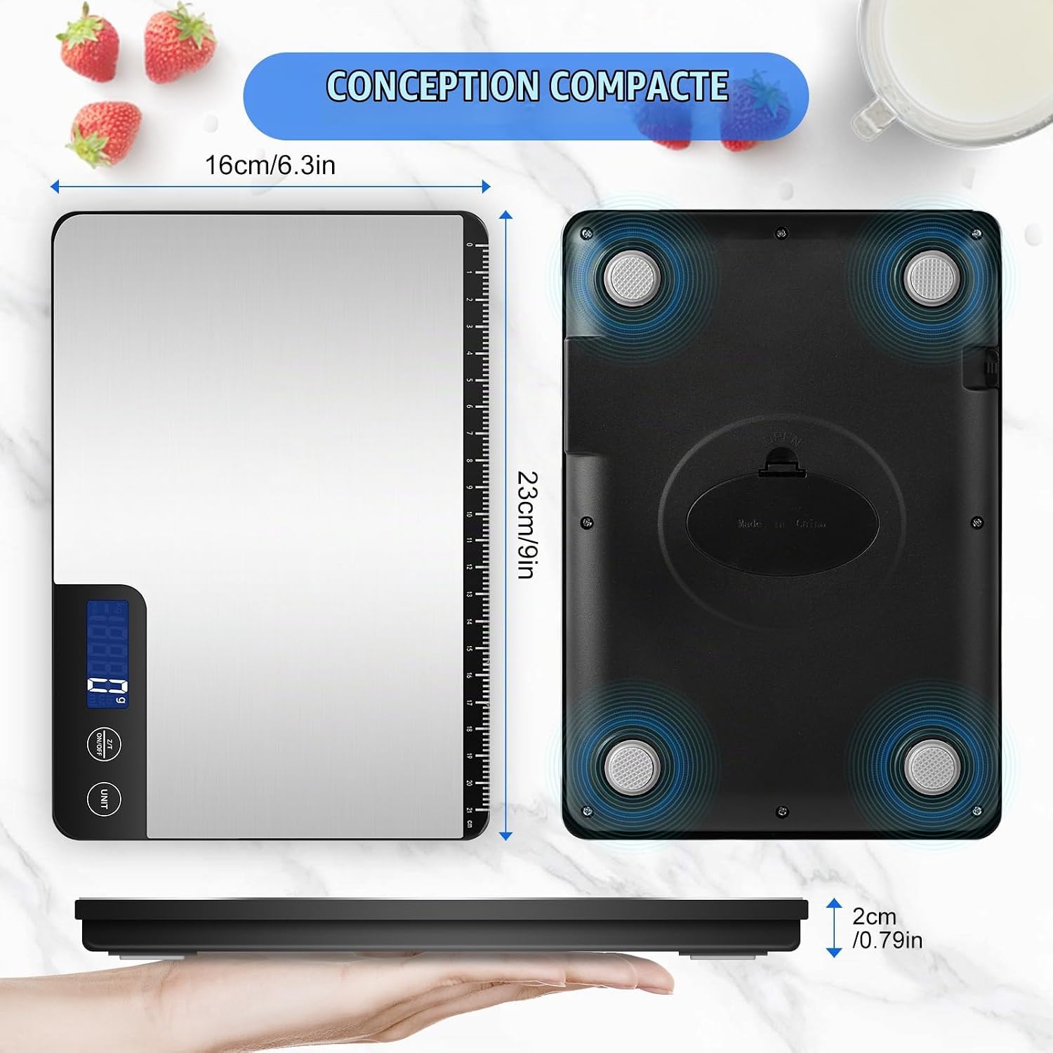Balance de Cuisine Électronique 15kg, Précise à 1g, Écran LCD Argent Satiné 9