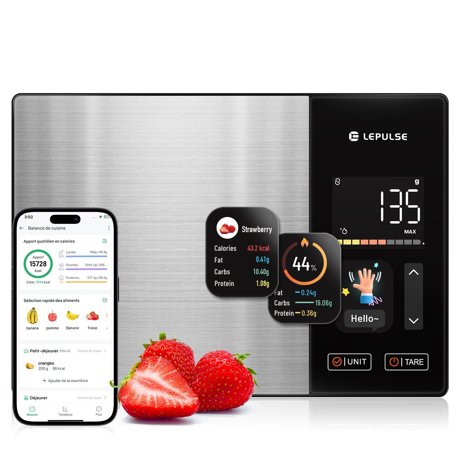 Balance de cuisine numérique avec calcul nutritionnel, écran couleur TFT