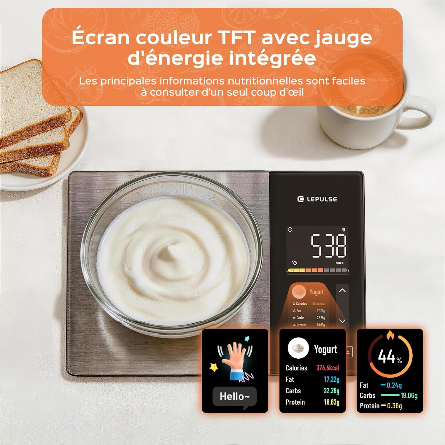 Balance de cuisine numérique avec calcul nutritionnel, écran couleur TFT 3