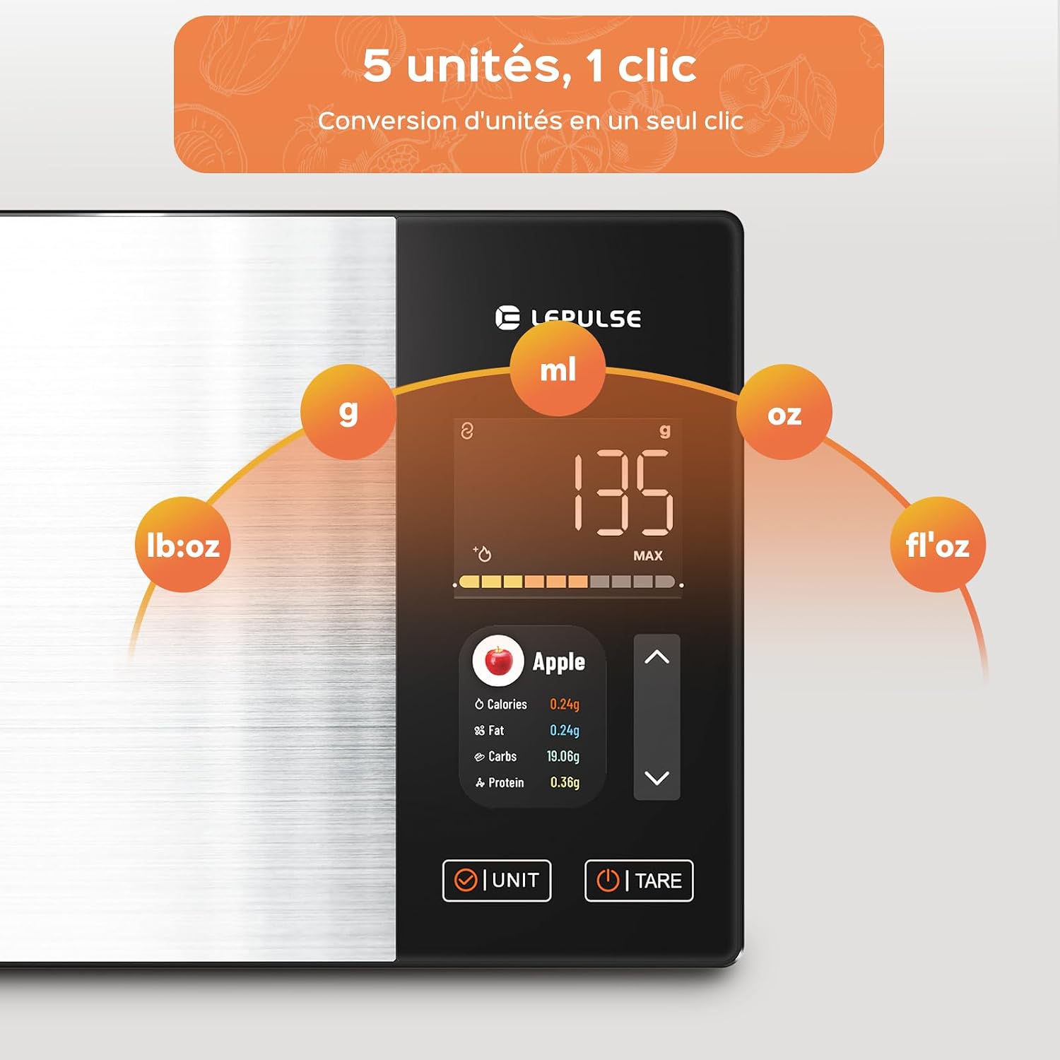Balance de cuisine numérique avec calcul nutritionnel, écran couleur TFT 4
