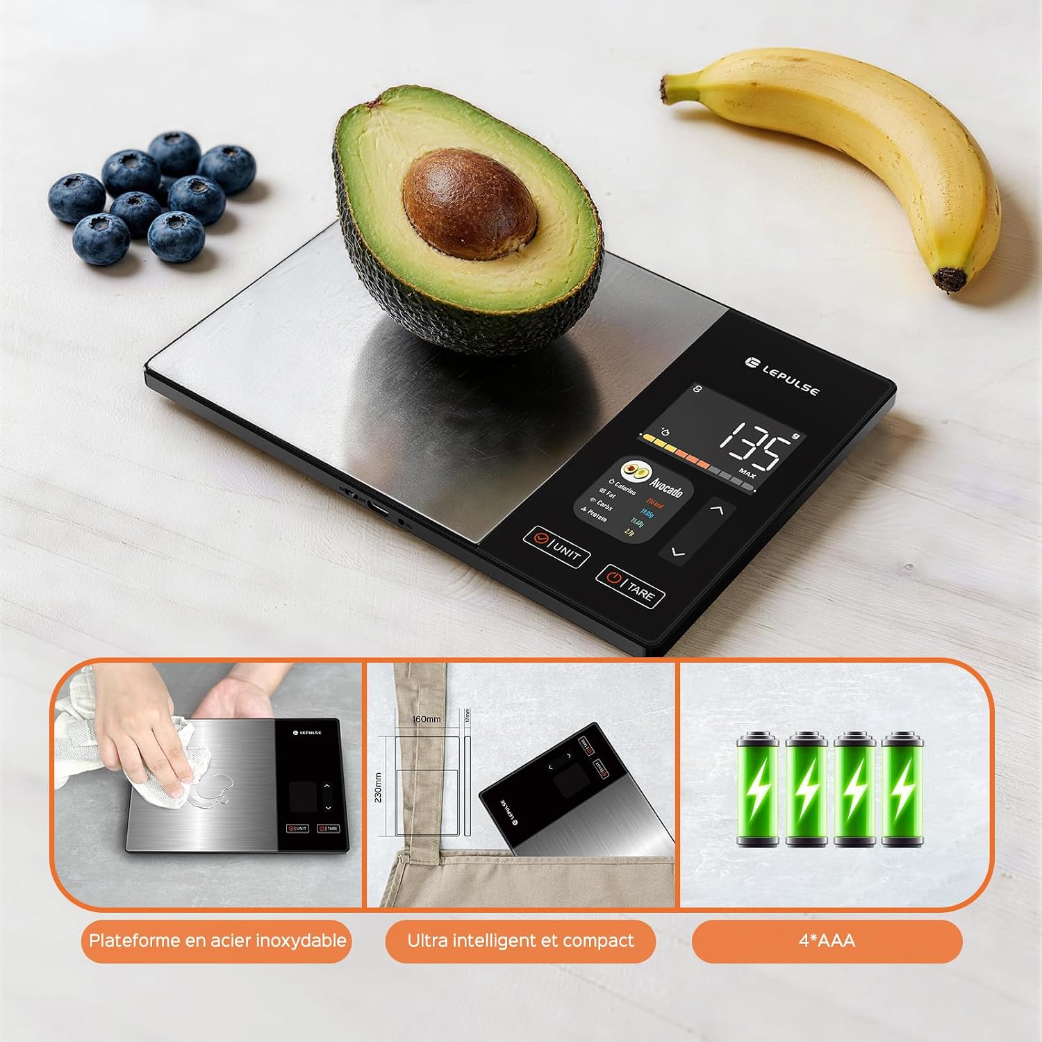 Balance de cuisine numérique avec calcul nutritionnel, écran couleur TFT 5