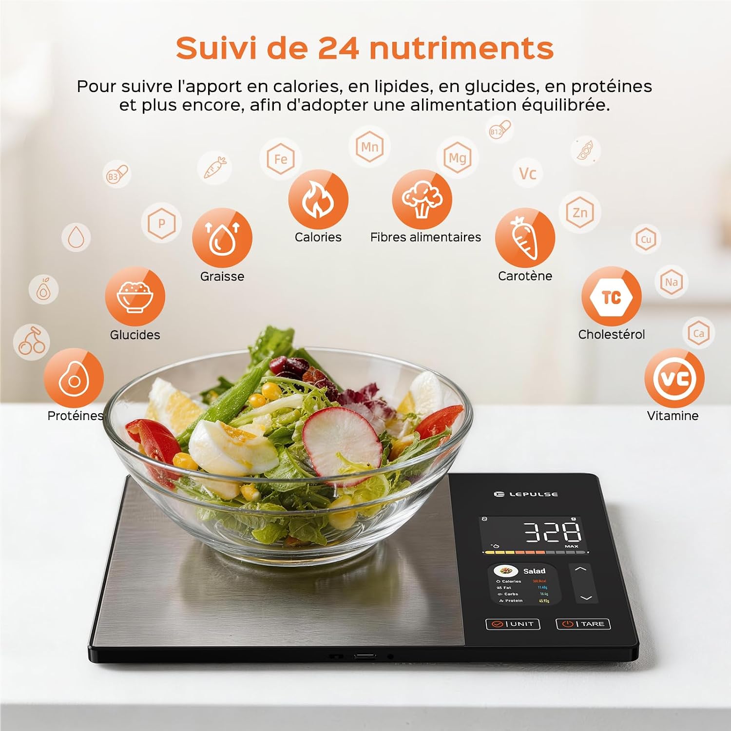 Balance de cuisine numérique avec calcul nutritionnel, écran couleur TFT 7