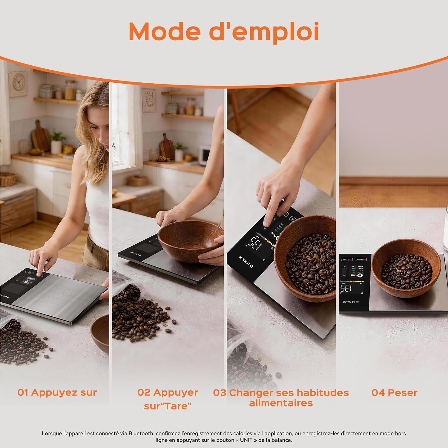 Balance de cuisine numérique avec calcul nutritionnel, écran couleur TFT 8