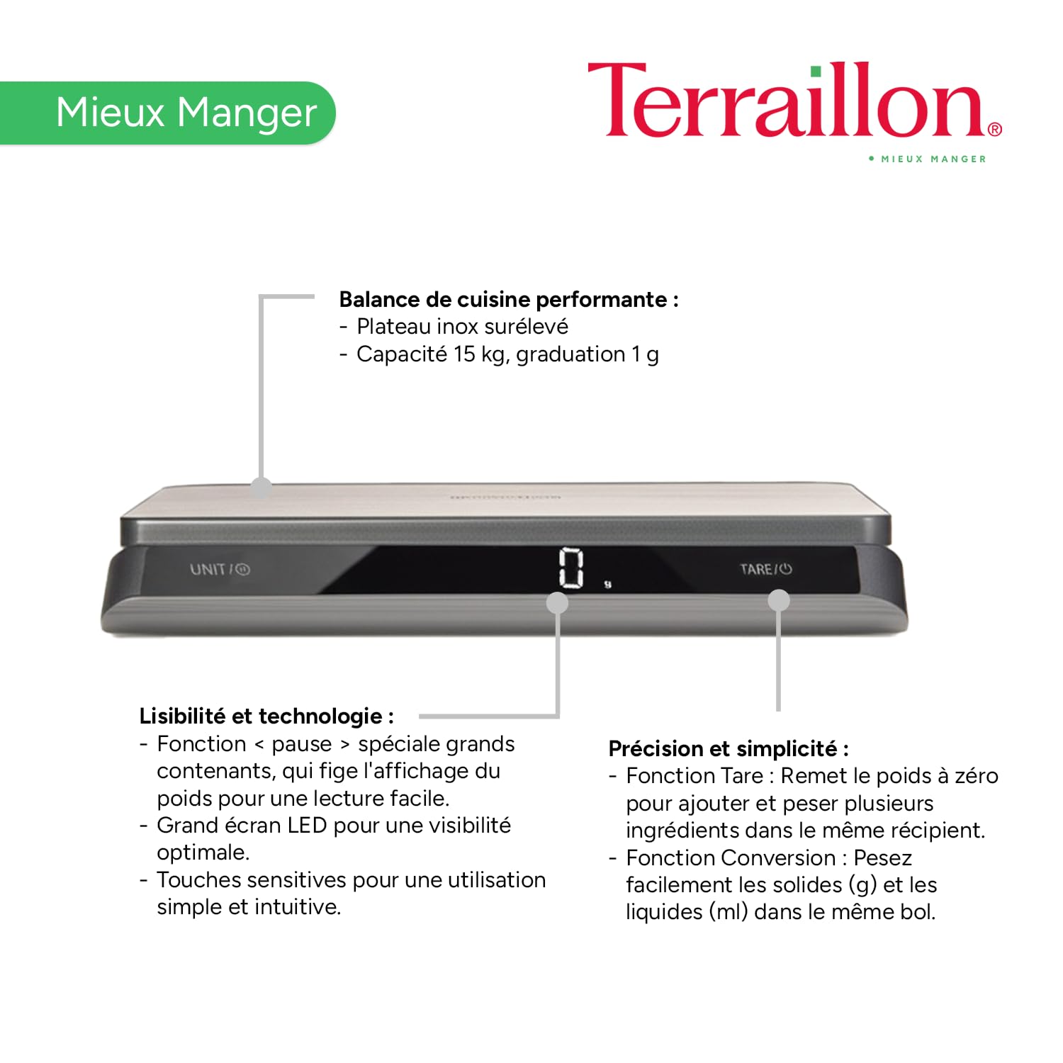 TERRAILLON Balance de cuisine électronique professionnelle PRO USB 15 4