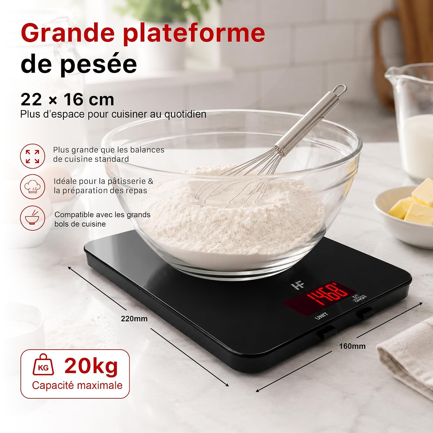 HF 20kg Balance de Cuisine Précision 1g, Grande Plateforme 22x16cm 2
