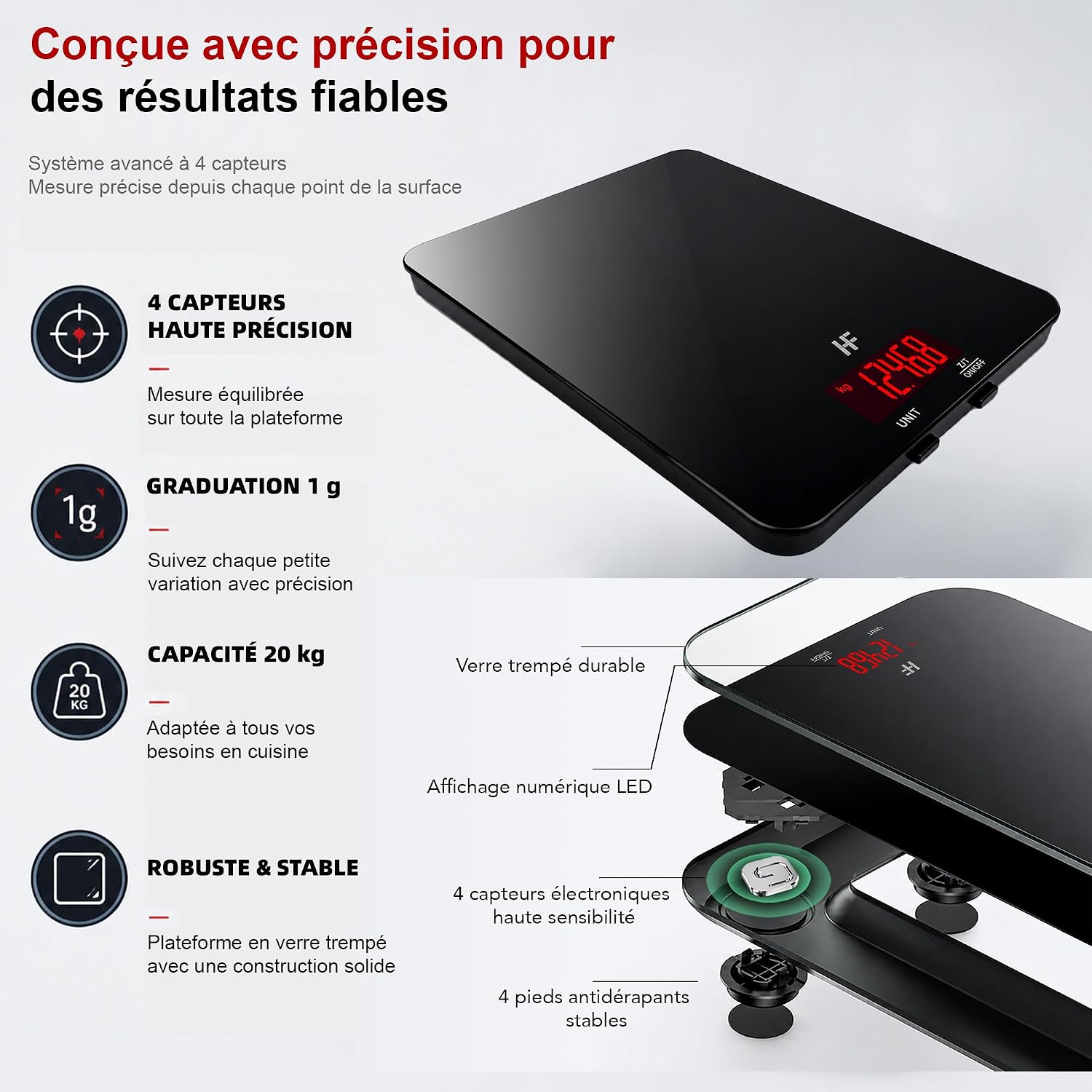 HF 20kg Balance de Cuisine Précision 1g, Grande Plateforme 22x16cm 4