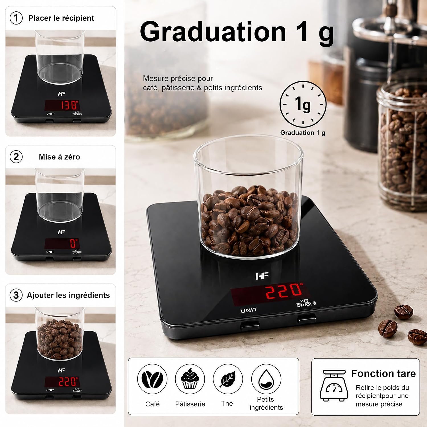 HF 20kg Balance de Cuisine Précision 1g, Grande Plateforme 22x16cm 5