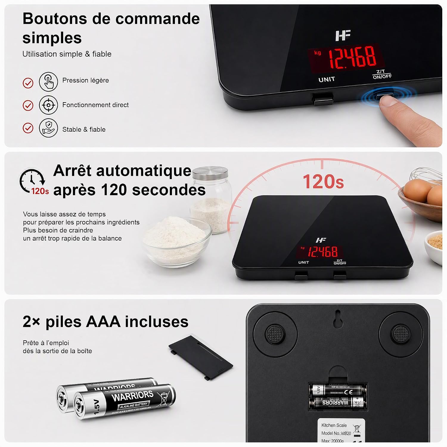 HF 20kg Balance de Cuisine Précision 1g, Grande Plateforme 22x16cm 7