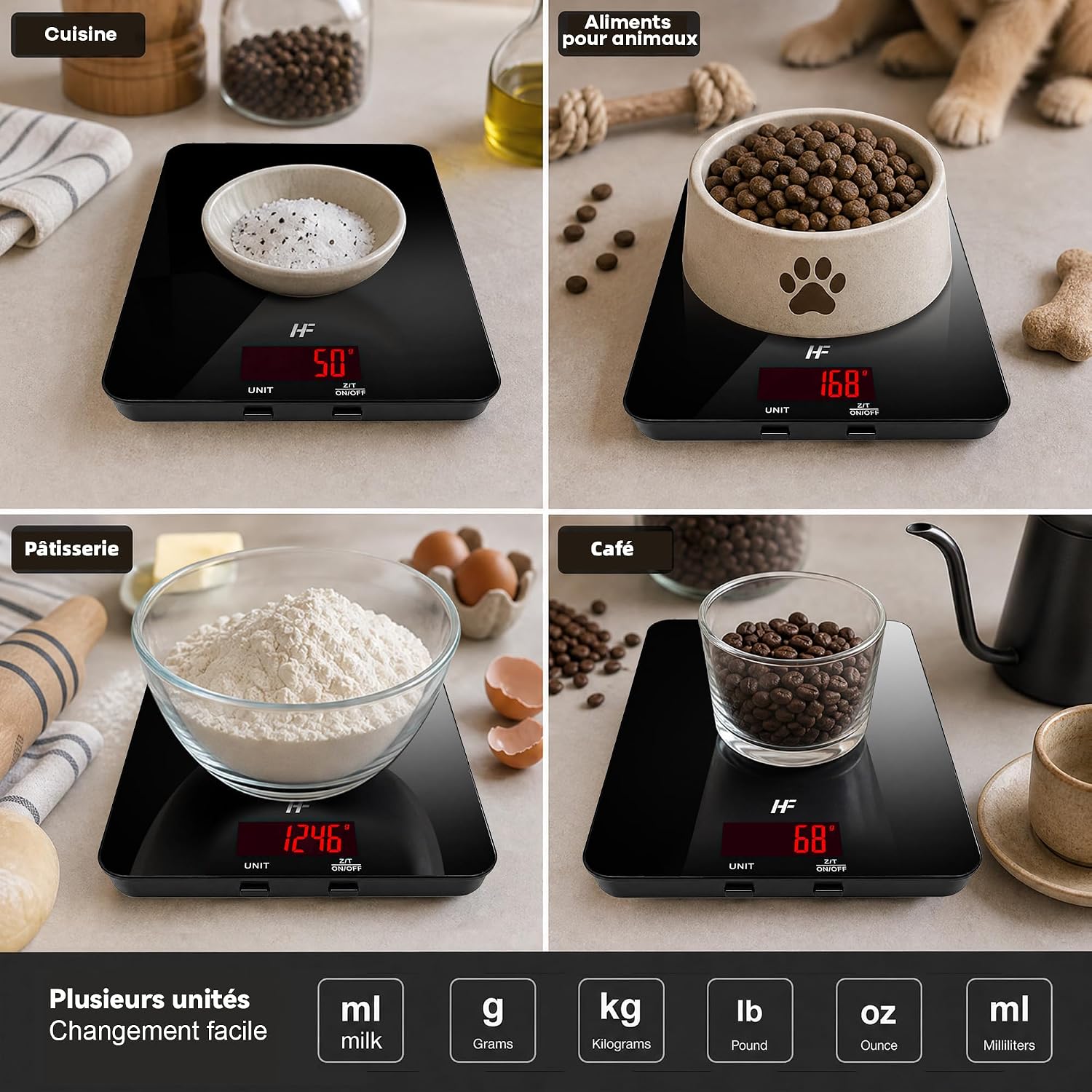 HF 20kg Balance de Cuisine Précision 1g, Grande Plateforme 22x16cm 8