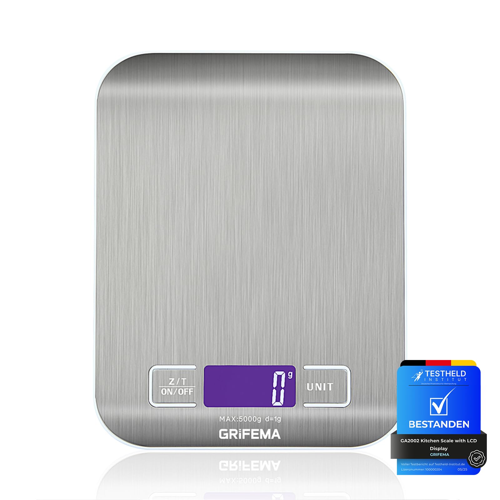 GRIFEMA GA2002 Balance de Cuisine Électronique de Haute Précision 5000g/1g avec Écran LCD Rétroéclairé, 6 Unités et Fonction