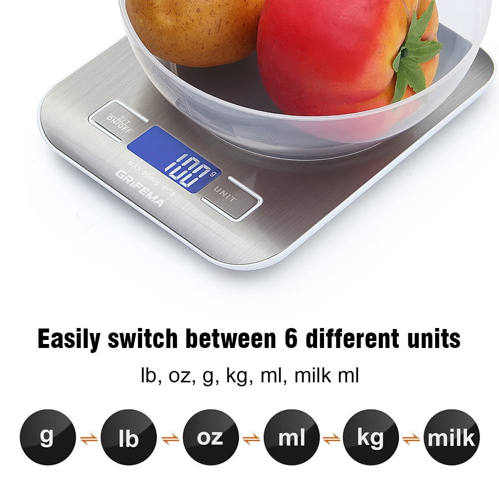 GRIFEMA GA2002 Balance de Cuisine Électronique de Haute Précision 5000g/1g avec Écran LCD Rétroéclairé, 6 Unités et Fonctio 3