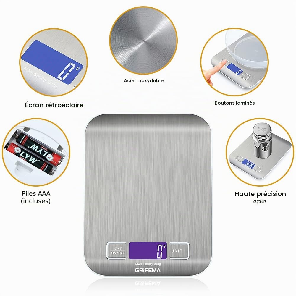 GRIFEMA GA2002 Balance de Cuisine Électronique de Haute Précision 5000g/1g avec Écran LCD Rétroéclairé, 6 Unités et Fonctio 4