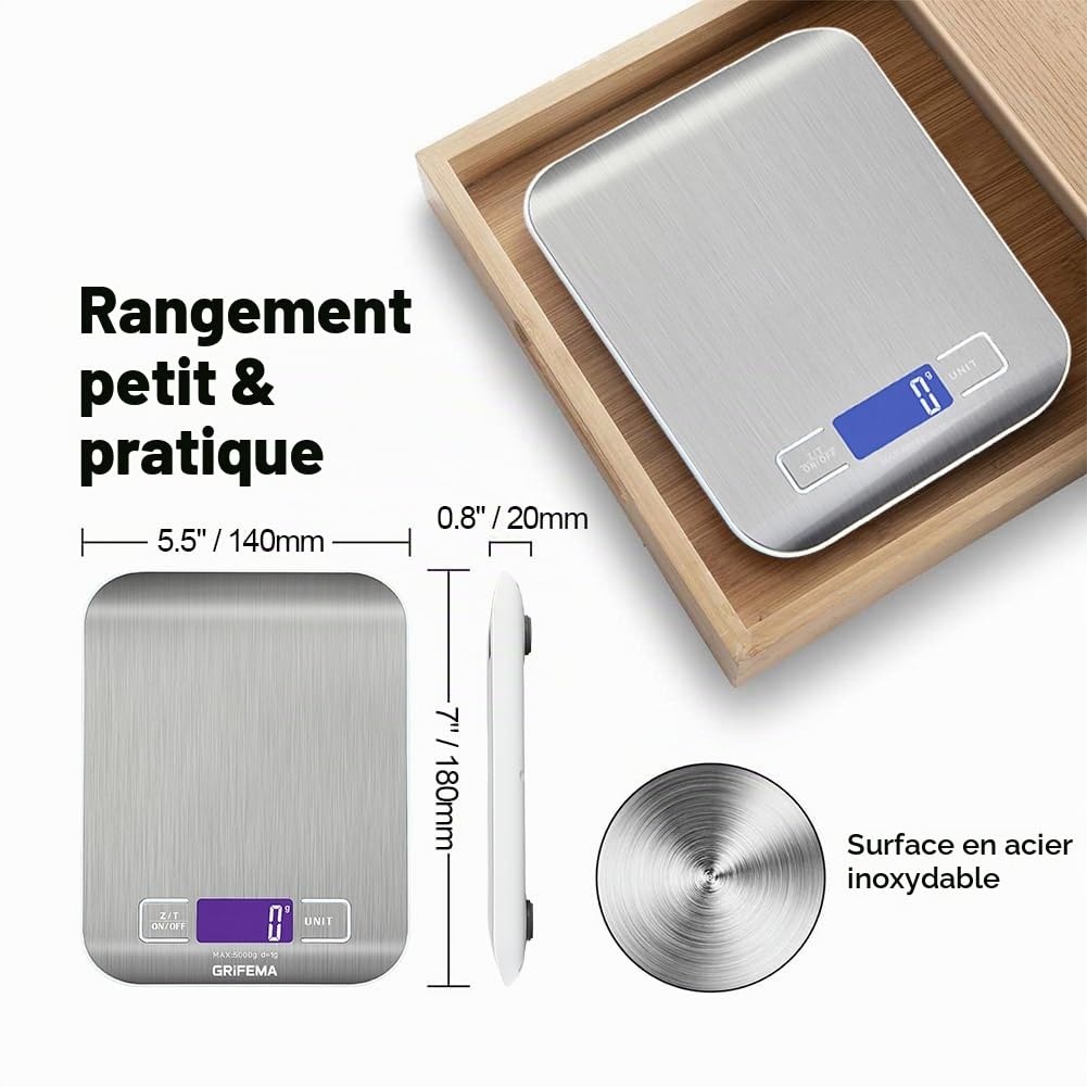 GRIFEMA GA2002 Balance de Cuisine Électronique de Haute Précision 5000g/1g avec Écran LCD Rétroéclairé, 6 Unités et Fonctio 6