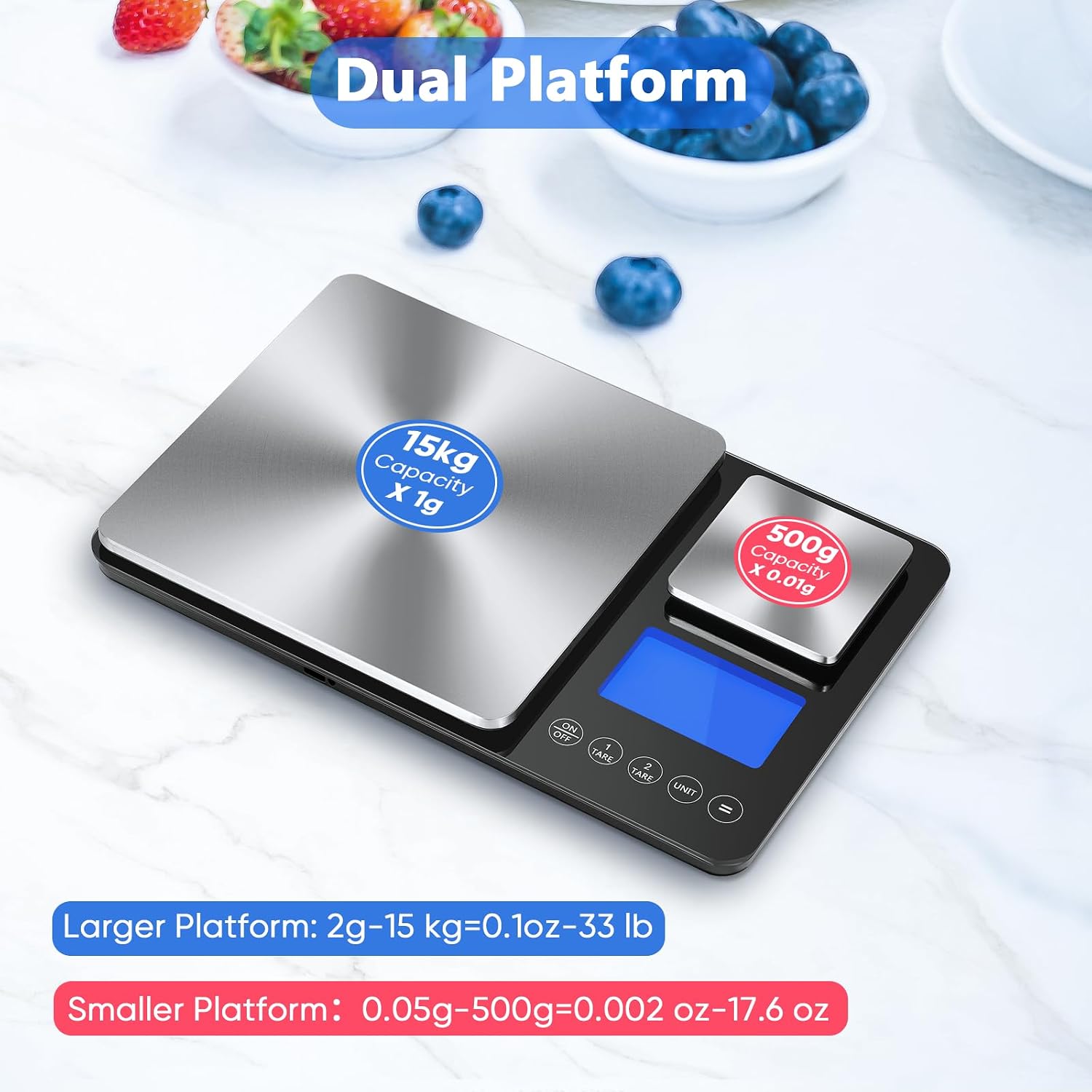 Balance de cuisine numérique à double plateau,500g/0,01g et 15kg/1g Argent Brossé 2