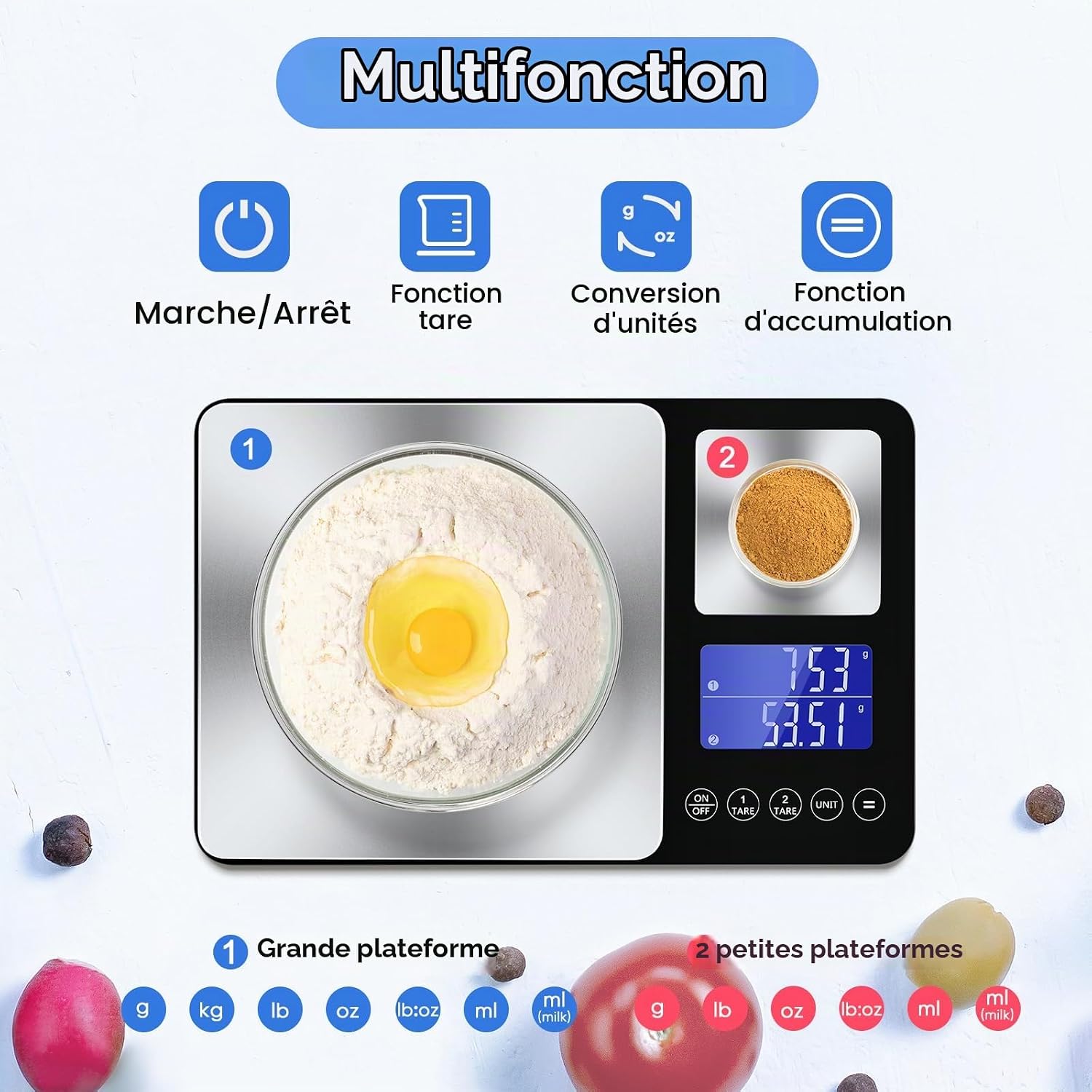 Balance de cuisine numérique à double plateau,500g/0,01g et 15kg/1g Argent Brossé 3