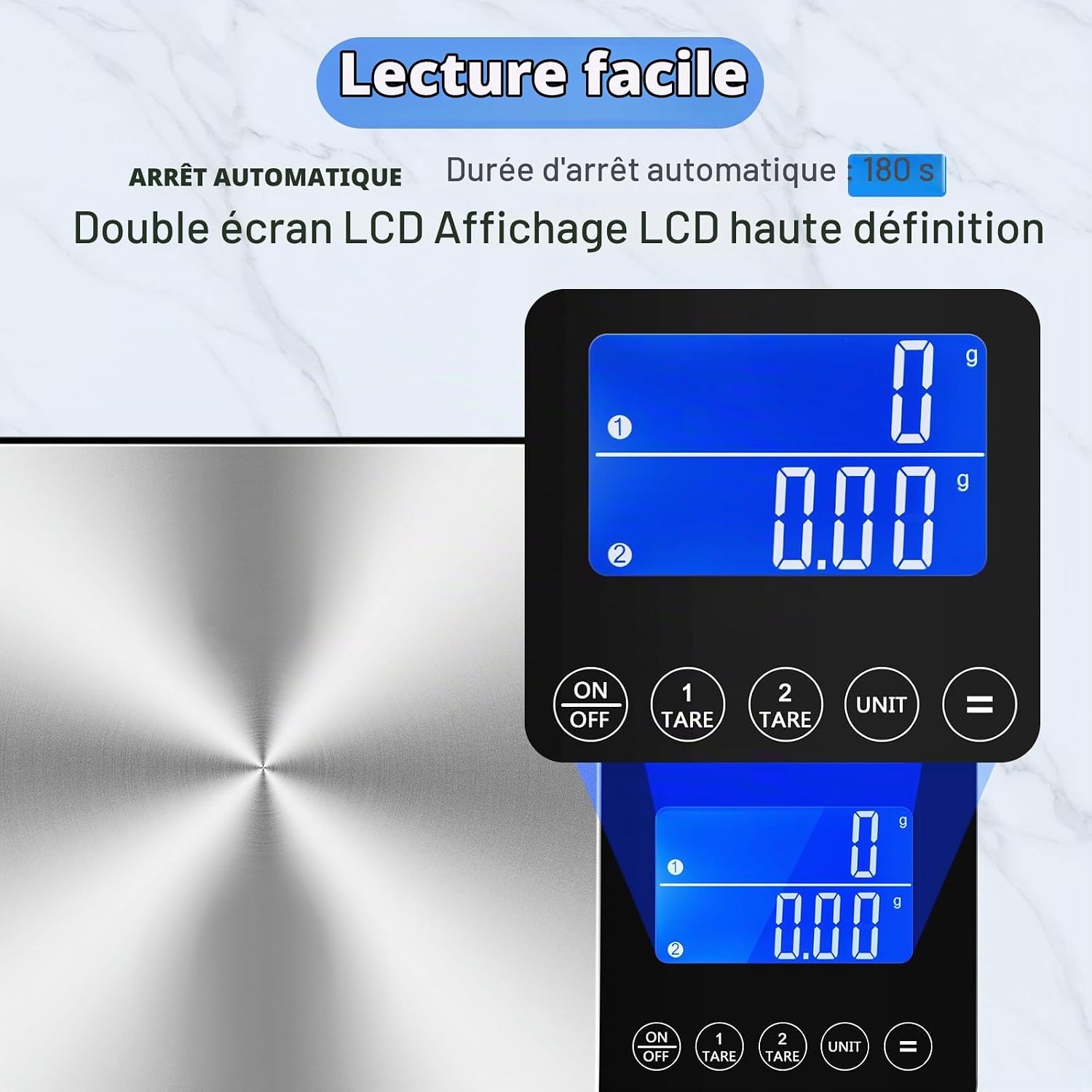 Balance de cuisine numérique à double plateau,500g/0,01g et 15kg/1g Argent Brossé 5