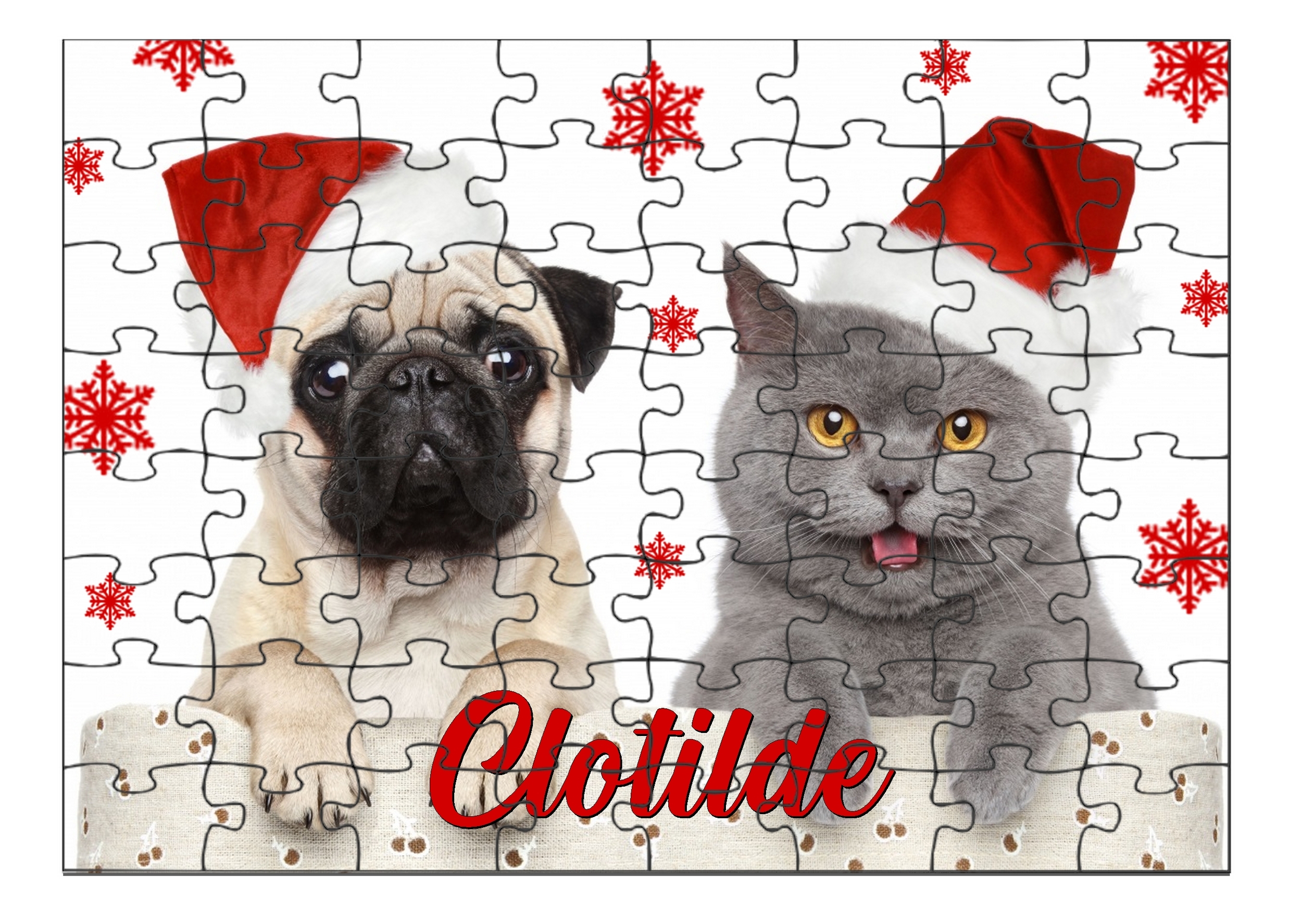 Puzzle de noël Chien Cavalier Carlin et chat personnalisé avec prénom