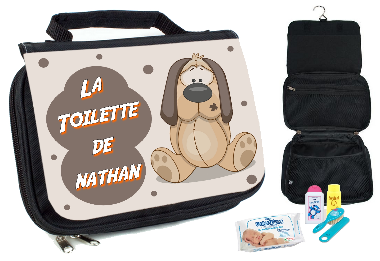 Trousse de toilette bébé Chien personnalisée avec prénom au choix