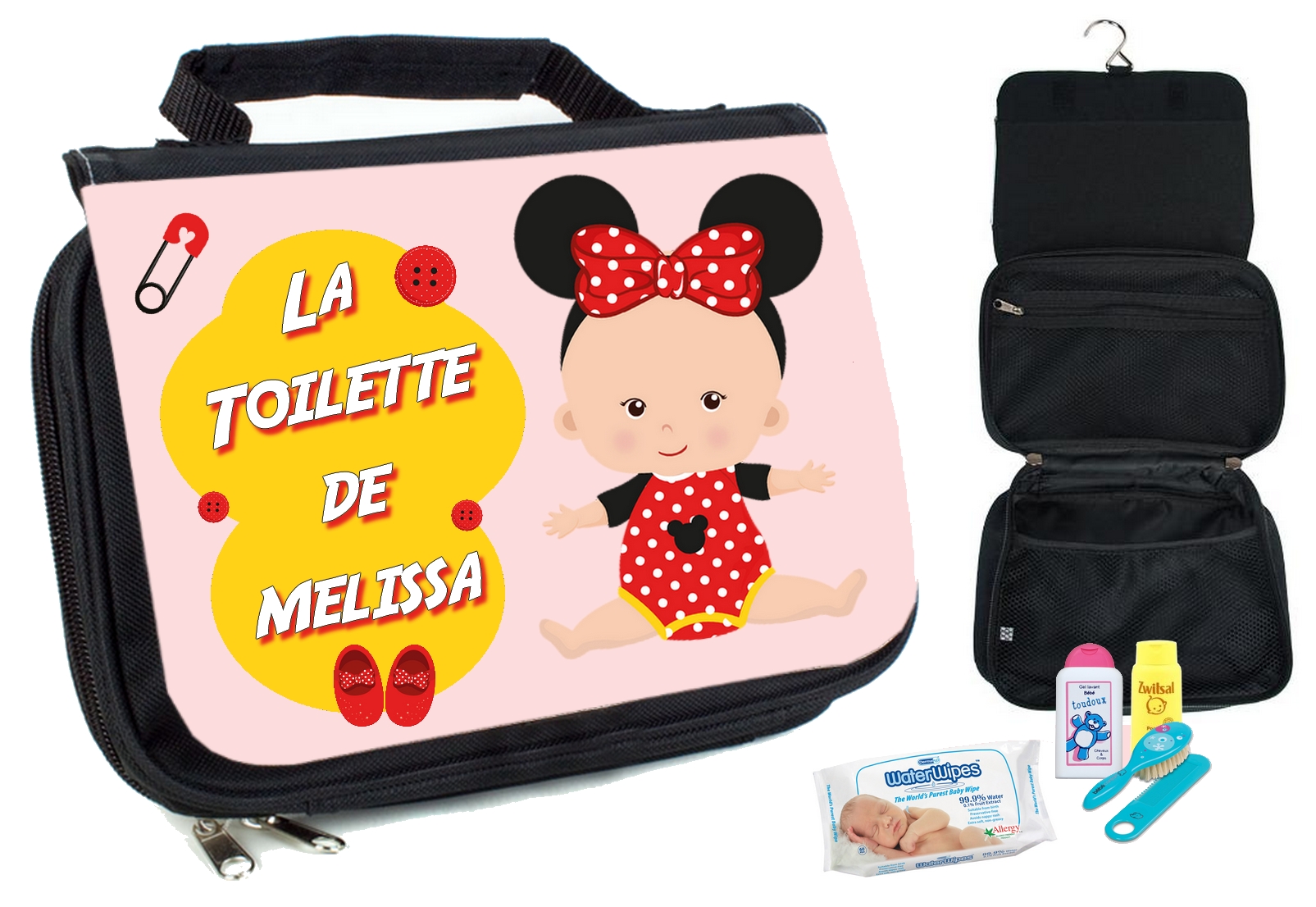 Trousse de toilette bébé Souris fille personnalisée avec prénom au choix