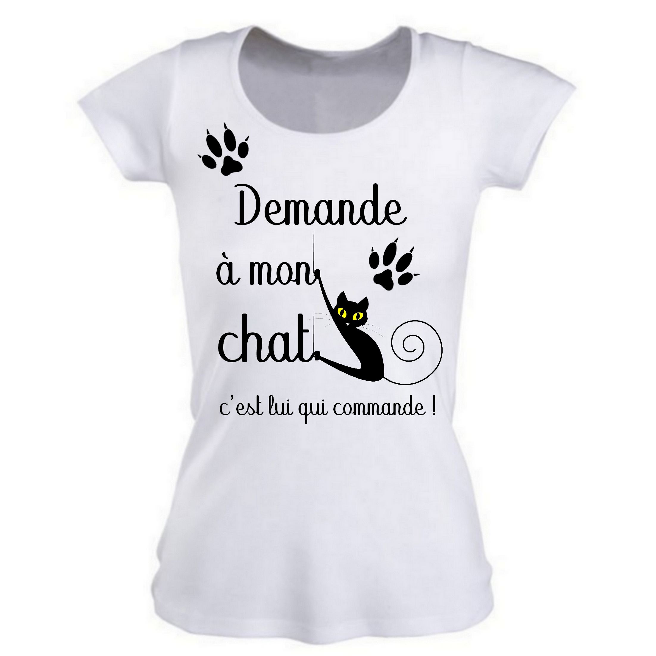 T-shirt femme humour Demande à mon chat c'est lui qui commande